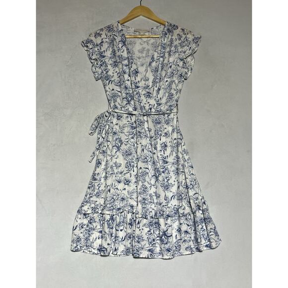 Monteau Linen Blend Faux Wrap Dress Small White Blue Floral Flutter Sleeve Tie - Picture 1 of 12